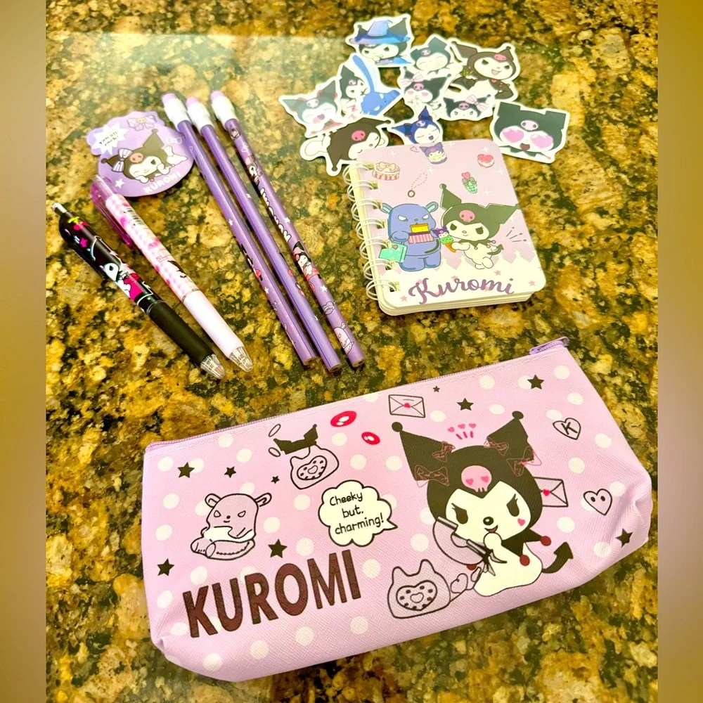 17 Piece Kuromi Set, Zip Pouch, 3 Pencils. 2 Pens, 10 Stickers & Mini Notebook